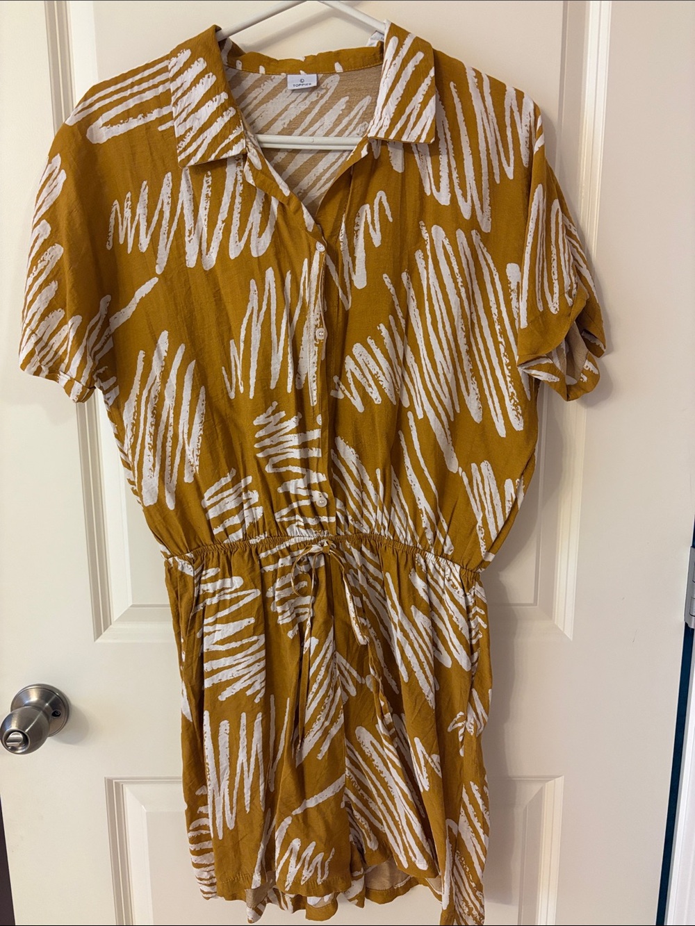 Mustard Scribble Short Sleeve Romper with Drawstring Waist